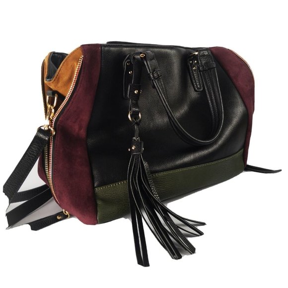 Sondra Roberts Squared New York Expandable Handbag Black Burgundy Green Gold - Picture 1 of 12